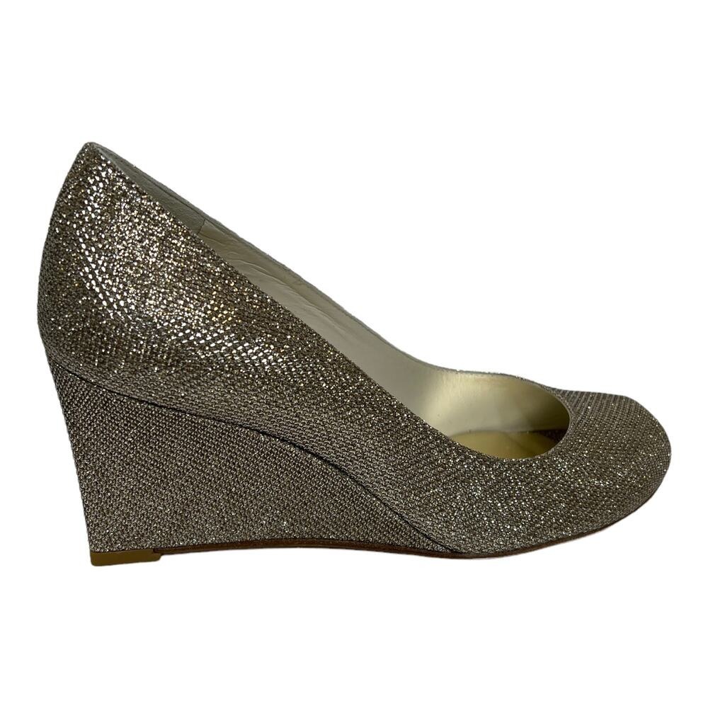 Stuart Weitzman Wedge Womens 8.5 Gold Glitter Peep Toe Pump Formal Dress Shoes - Picture 6 of 10